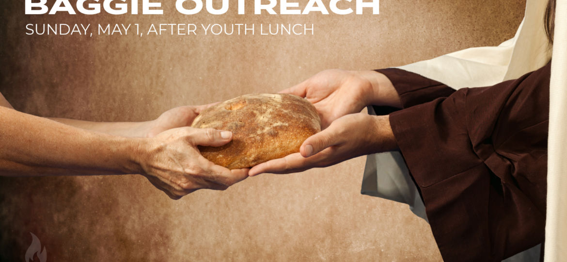 Jesus gives the bread to a beggar on beige background